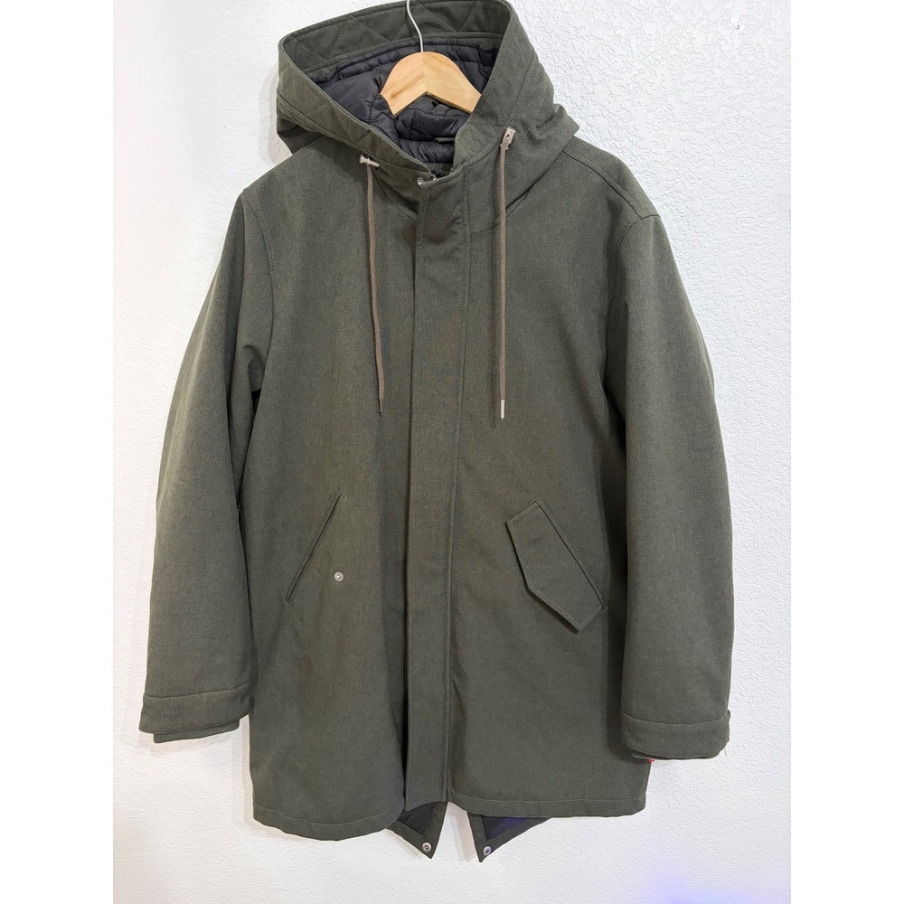 Levis Mens Hooded Parka Jacket Olive Green Quilted Lined Fishtail Coat Medium - Picture 2 of 9